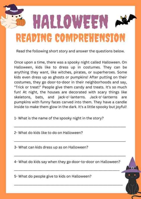 Halloween Reading Comprehension Worksheet Reading Comprehension For Elementary, Fun Reading Comprehension Activities, Halloween Exercises, Halloween Exercises For Kids, Halloween Esl Activities, Fall Reading Comprehension Worksheets, Halloween English Activities, Halloween Reading Activities, Halloween Worksheets For Kids