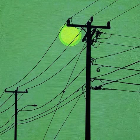 Green Aesthetic Illustration Art, Dark Green Painting Aesthetic, Dark Green Aesthetic Drawing, Telephone Wires Aesthetic, Power Lines Art, Power Line Aesthetic, Powerline Aesthetic, Power Lines Aesthetic, Power Line Painting