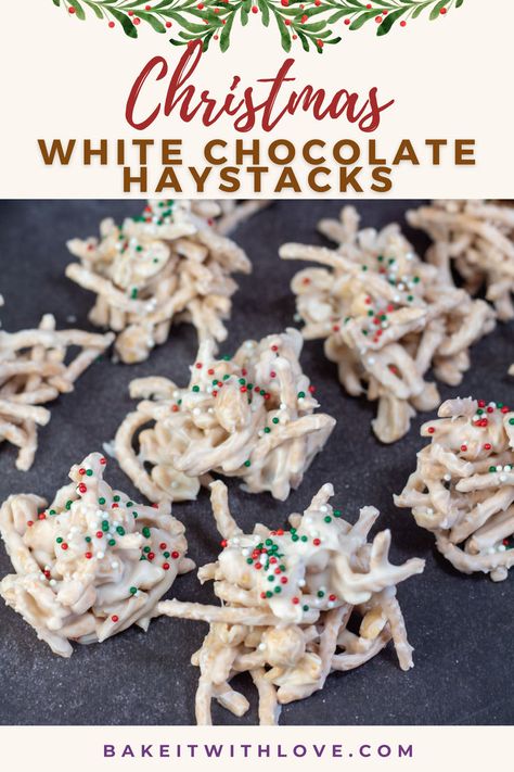 Rows of crunchy white chocolate-covered haystack cookies with small, round, red, green, and white sprinkles. White Chocolate Haystacks, Christmas White Chocolate, Chocolate Haystacks, Haystacks Recipe, Favorite Christmas Recipes, Christmas Fudge, Holiday Desserts Table, Chow Mein Noodles, Christmas Baking Recipes