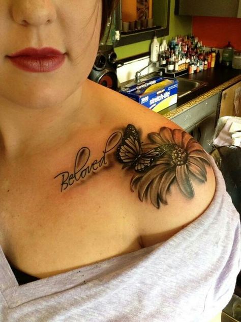 Daisy & butterfly shoulder tattoo Tattoos For Women On Thigh, Sunflower Tattoo Thigh, Daisy Tattoo Designs, Front Shoulder Tattoos, Tattoo Son, Sunflower Tattoo Sleeve, Sunflower Tattoo Shoulder, Butterfly Tattoo On Shoulder, Tattoos Pinterest