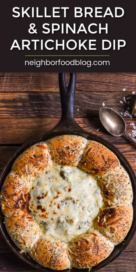 No one can resist a giant skillet filled with Warm Spinach Artichoke Dip and Bread! This recipe is super easy to make, and everyone goes CRAZY for it. It's such a fun party appetizer!  #dip #appetizer #superbowl Warm Spinach Artichoke Dip, Super Bowl Party Food Ideas, Artichoke Spinach Dip, Cheesy Spinach Artichoke Dip, Brunch Casserole Recipes, Dinner Party Appetizers, Skillet Bread, Cheesy Spinach, Brunch Casserole