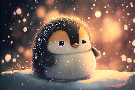 An adorable baby penguin sits in the winter snow during sunset. Penguin Wallpaper, Penguin Illustration, Hd Wallpapers For Laptop, Winter Iphone, Iphone Wallpaper Winter, Christmas Desktop, Zero Wallpaper, Cute Blue Wallpaper