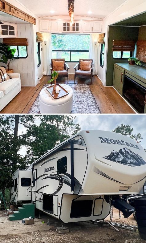 The interior of this modern country Montana includes a custom bar and antique sink (and it’s for SALE!) / Photos and Renovation by @dwyerandco #rvrenovation #rvforsale #rvrenovators #fifthwheelliving #moderncountryrv #keystonemontana #montanafifthwheel #glamping #fifthwheel #fifthwheelremodel #camperremodel #rvinterior #rvmakeover #rvinspiration #modernrv #rvinteriorideas #rvinteriordesign #homeonwheels #styleonwheels #farmhousecamper #rvremodel #rvliving #wanderfulrvinteriors Remodeled Fifth Wheel Camper, Remodeled 5th Wheel Rv Interior, Renovated Fifth Wheel, 5th Wheel Camper Makeover, 5th Wheel Camper Remodel, Fifth Wheel Remodel, Montana 5th Wheel, Modern Caravan, Montana Fifth Wheel