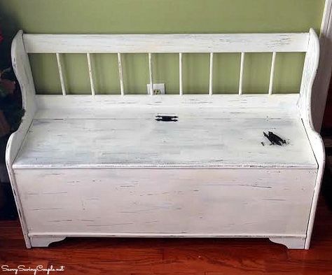 upcycled-deacons-bench Storage Bench Makeover, Toy Box Bench, Bench Makeover Wooden, Vintage Bench Decor, Bench Upcycle, Refinished Bench, Painted Bench Ideas, Toy Bench Storage Diy, Bench Refurbish