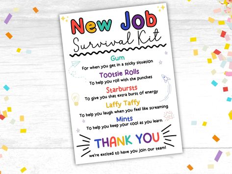 New Employee Survival Kit Gift Tag Printable, a great gift for your New Staff Members! Looking for a thoughtful and fun gift to welcome new employees to the team?  Look no further! Our New Job Survival Kit Gift Tag is the perfect way to show support and appreciation to your new employees, and a perfect way to welcome them to the team! Each printable tag comes with a cleverly curated selection of candy items, each with its own special meaning to help your employees succeed and feel welcomed! This Employee Survival Kit, New Employee Welcome Ideas, New Employee Welcome Gift, Work Survival Kit, Welcome New Employee, New Job Survival Kit, Welcome To Our Team, Survival Kit Gifts, Morale Boosters