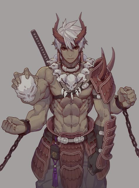 Four Arms Character Design Male, Male Oni Character Art, Demon Character Design Male, Male Demon Oc, Oni Character Design Male, Oni Character, Demon Character Design, Male Earrings, Armor Jewelry