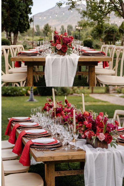 Dinner Table Decor Ideas, 40th Anniversary Party Decorations, Engagement Table Decorations, 40th Wedding Anniversary Party Ideas, Red Wedding Receptions, Outdoor Birthday Decorations, Engagement Party Table, Romantic Dinner Decoration, 40th Anniversary Party