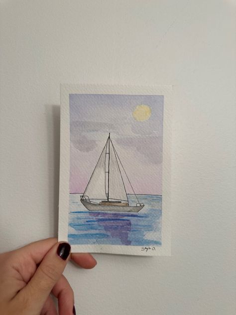 Watercolor Art Sailboat, Romantic Watercolor Painting Easy, Watercolor Sailboat Simple, Sailing Watercolor, Sailboat Painting Watercolor, Watercolor Boats, Sailboat Watercolor, Watercolor Sailboat, Sailboat Drawing