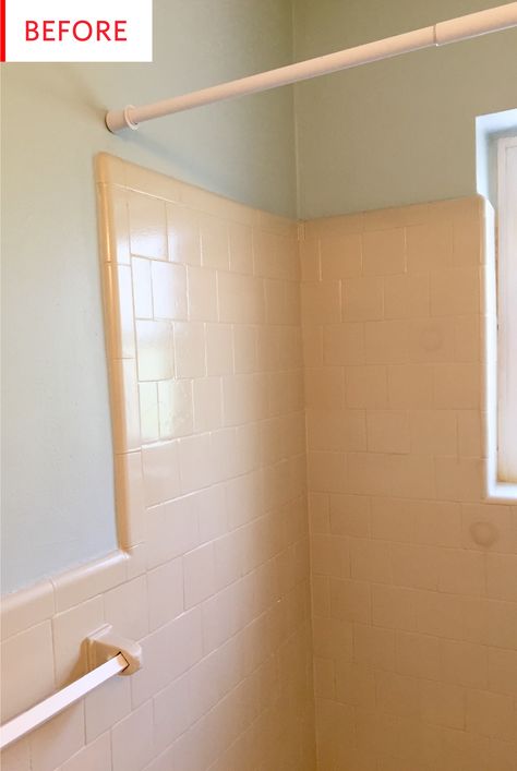 All Tiled Small Bathroom, Small Bathroom Painted Tiles, Yellow Tile Bathroom Makeover, Rental Makeover Before After, Vintage Tile Bathroom Update, Covering Old Tile Bathroom, Renter Shower Makeover, Bathroom With Old Tile Walls, Bath Fitters Before And After