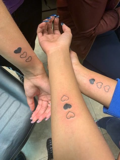 Sister Tattoos For 1 Meaningful, Sister For 3 Tattoo, Heart Tattoo Sisters, 3 Person Sibling Tattoo, Tattoo Ideas 3 People, Trios Matching Tattoos, Tattoo Ideas For Sisters Of 3, 3 Ppl Tattoos, 4 Tattoos Matching