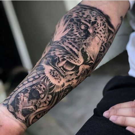 Jaguar Tattoo For Women, Aztec Sleeve, Aztec Tattoos Sleeve, Lion Art Tattoo, Aztec Artwork, Jaguar Tattoo, Mayan Tattoos, Aztec Symbols, Aztec Tattoos