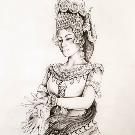 Cambodian Tattoo, Dancer Tattoo, Khmer Tattoo, Female Warrior Tattoo, Rose Drawing Tattoo, Buddha Tattoo Design, Cambodian Art, Princess Tattoo, Buddha Tattoos