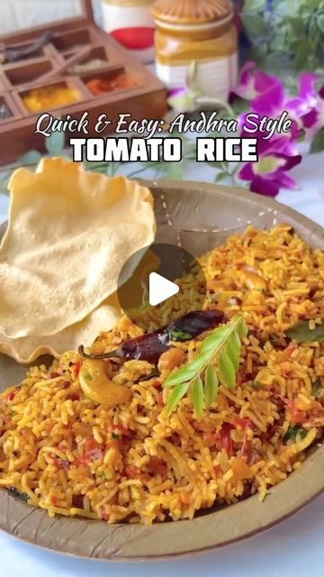 Foodklick on Instagram: "✨ Tomato Rice ✨

Tomato Rice is a simple South Indian meal where rice is cooked with lots of tomatoes, fresh herbs, whole spices & ground spices. It tastes simply delicious, aromatic and makes for a quick meal option any time of the year.

Ingredients:
✨ 2-3 large tomatoes
✨ 1-2 dried red chilli
✨ 2 tbsp ghee/oil
✨ 1 tsp mustard
✨ 1 tsp cumin
✨ 1 tsp urad dal
✨ 1 tsp chana dal
✨ ½ tsp hing
✨ 1 inch ginger, grated
✨ 4 cloves garlic, finely chopped
✨ 1 Onion, chopped
✨ 3 tbsp cashew
✨Peanuts 
✨ ½ onion, sliced
✨ ½ tsp turmeric
✨ 1 tsp coriander powder
✨ 2 tsp salt
✨ 2 tbsp chilli paste, optional 
✨ 2 tbsp coriander, chopped
.
.
.
#tomato #Rice #papad #easyrecipes #quick
#indianfood #foodie #reel #reelsvideo #southindian #food #reelitfeelit #ricerecepies #foodie #thal Tomato Rice Recipe Indian, Tomato Rice Indian, Lots Of Tomatoes, Rice Meals, Indian Meal, Whole Spices, Indian Rice Recipes, Tomato Rice, Indian Rice