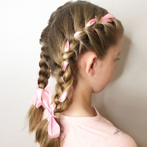 Pink ribbon French braids 💕 Hair Braid Ribbon, Hair Ribbons Hairstyles, Hairstyles With Ribbon, Braiding Hair Colors, Two French Braids, Track Hairstyles, Beyonce Hair, Tan Skin Blonde Hair, Ribbon Braids