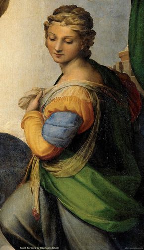 Saint Barbara by Raphael detail of Sistine Madonna. Who was Saint Barbara?… The Sistine Madonna, Raphael Paintings, Raphael Sanzio, Sistine Madonna, Saint Barbara, Istoria Artei, Rennaissance Art, Dorm Art, Italian Painters