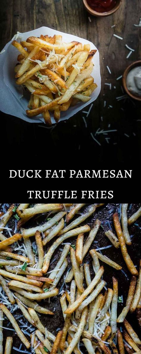 These duck fat Parmesan truffle fries may be a mouth full, but they are super simple to make and served with the most AMAZING truffle mayonnaise dipping sauce.  parmesan truffle fries | french recipes | french fries | duck fat fries | duck fat parmesan fries | shoestring fries | truffle mayo | truffle mayonnaise sauce | truffle fries with truffle mayo | roasted garlic mayo | garlic truffle mayo | homemade truffle fries | easy truffle fries | oven baked parmesan truffle fries Roasted Garlic Mayo, Mayo Homemade, Fries Oven, Truffle Mayo, Shoestring Fries, Parmesan Truffle Fries, Mayonnaise Sauce, Duck Fat Fries, Recipes French