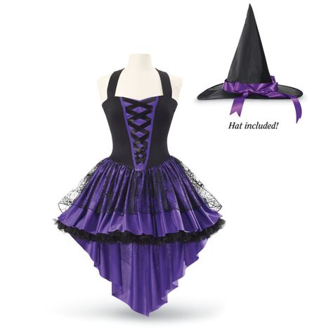 Broomstick Dress & Hat - Halloween Witch / Costume Piece / Black & Purple  **************"New Broom. Today's spellcasters step out to the sassy, dress-decorating accompaniment of purple-ribbon trim and black-lace overlay—topped by the traditional, conical hat! Short, layered skirt dips long in back. Zipper back." Pyramid Collection, Witch Costumes, Witch Dress, Fairytale Fashion, Witch Halloween Costume, Masquerade Costumes, Creative Costumes, Witchy Fashion, Steampunk Clothing