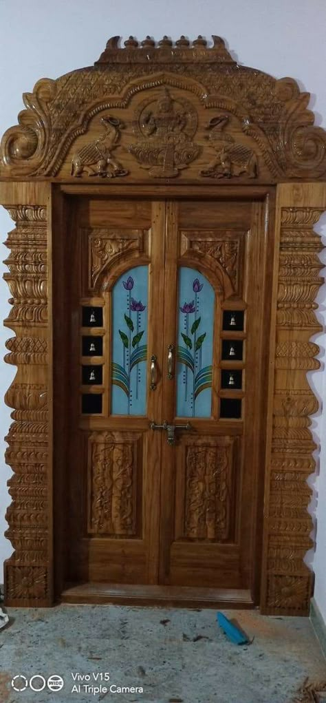 Pooja Room Carving Designs, Wood Carving Designs Front Doors, God Door Design, Pooja Room Door Design Wood Carving, Pooja Room Double Door Designs, Door Carving Design, Wood Carving Door, Room Arch, Single Main Door Designs