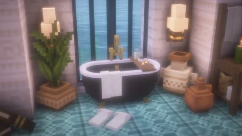 My first ever bathroom in Minecraft! With some new items 😉 #minecraft #minecraftbuild #cottagecoreminecraft Bathtub Minecraft, Minecraft Bathhouse, Minecraft Small Bathroom, Shower In Minecraft, Minecraft Modern Bathroom, Minecraft Working Bathtub, Aesthetic Minecraft Builds, Cottagecore Minecraft, New Item