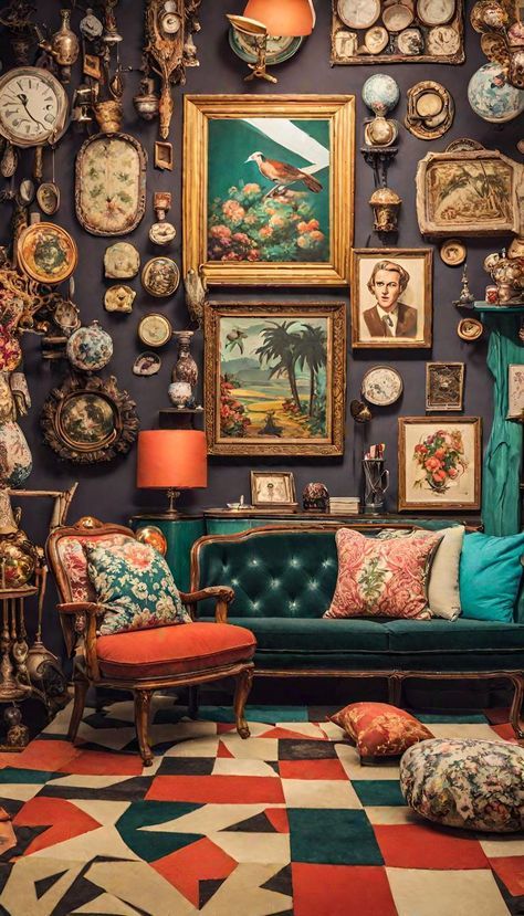 Vintage Maximalism Art Nouveau Maximalist Interior, Maximalism Wall Decor, Maximalism Furniture, Vintage Eclectic Maximalism, Art Drawings Colorful, English Cottagecore, Maximalism Home, Maximalism Interior Design, Home Haunted House