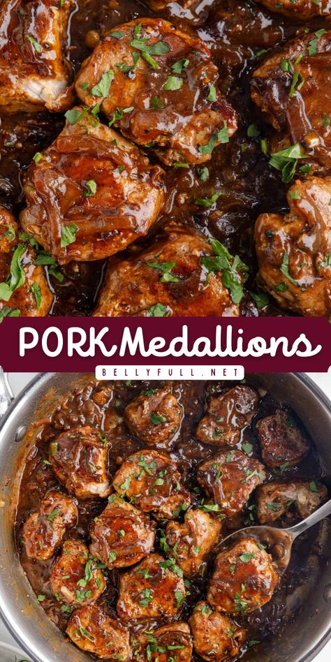 Looking for quick but flavorful main course recipes? Try these tender Pork Medallions topped with savory caramelized onion brown gravy! Perfect for easy family dinners and weeknight dinner recipes. You'll love how simple and delicious it is! Beef Or Pork Dinner Ideas, Pork Loin Recipes For Dinner, Savory Pork Loin Recipes, Simple Entree Recipes, Crockpot Pork Medallions, Pork Tenderloin And Rice Recipes, Diced Pork Loin Recipes, Pork Loin Chunks Recipes, Pork Medallions Recipes