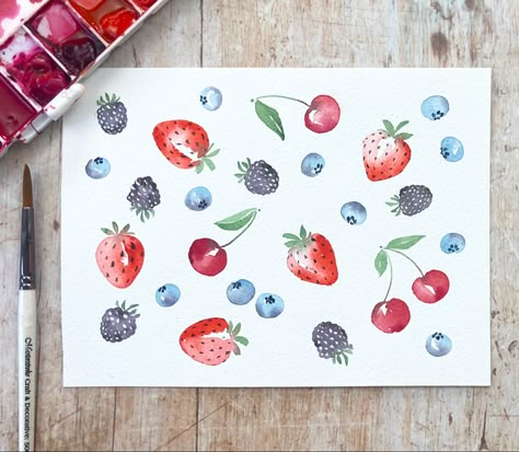 Learn to paint simple loose watercolour summer berries and how to create a perfect pattern with my new tutorial. Click the link to watch! #watercolor #fruit #berries #painting #pattern Basic Pattern Making, Strawberry Watercolor, Basic Pattern, Watercolor Fruit, Summer Painting, Keramik Design, Simple Summer, Loose Watercolor, Watercolor Paintings Easy