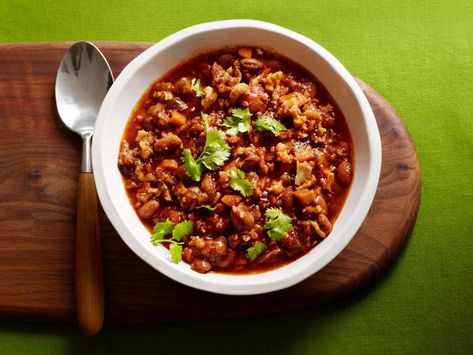 Cauliflower and Bean Chili Recipe | Food Network Kitchen | Food Network Sauté Carrots, Vegetarian Stews, Cauliflower Chili, Beans Dishes, Chili Recipe Food Network, Chili Ideas, Chili Beans, Vegetarian Chili Recipe, Bean Chili Recipe