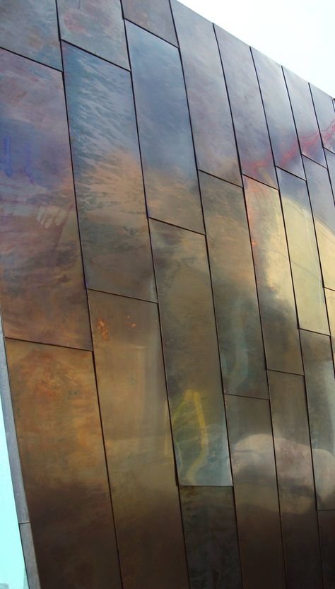 Color palette inspiration   Detail of the custom patina on copper panels for the Waipolu Gallery Copper Cladding Exterior, Copper Facade Architecture, Corten Steel Facade Architecture, Copper Cladding, Copper In Architecture, Zinc Cladding Detail, Zinc Cladding, Zinc Roof, Steel Cladding