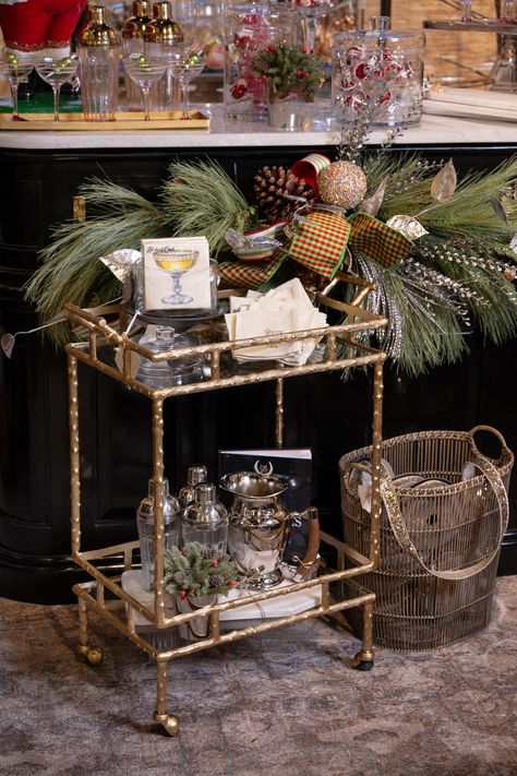 Festive Cheers Bar: A Holiday Haven - Nell Hill's Black Bar Cart, Christmas Bar Cart, Holiday Bar Cart, Cheers Bar, Holiday Bar, Cart Ideas, Bar Cart Decor, Bar Area, Holiday Magic