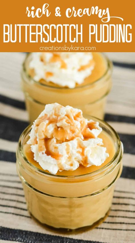 Rich and creamy, this homemade Butterscotch pudding is world's above boxed mixes and pudding cups. Top it with whipped cream or ice cream for the perfect comfort food! #homemadebuterscotchpudding #homemadepudding @Creations by Kara Homemade Butterscotch Pudding, Butterscotch Pudding Recipes, Homemade Butterscotch, Mouthwatering Desserts, Homemade Chocolate Truffles, Comfort Desserts, Vintage History, Butterscotch Pudding, Pudding Cups