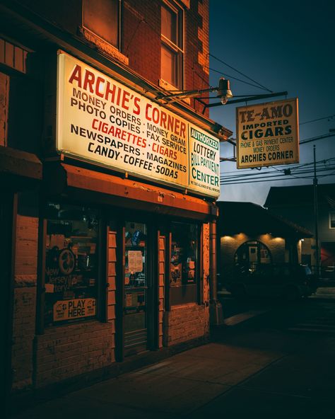 Archie's Corner vintage signs at night, Elizabeth, New Jersey Elizabeth New Jersey, Rail Transport, Hotel Motel, Posters Framed, Historic Preservation, Gas Station, Image House, City Skyline, Vintage Signs