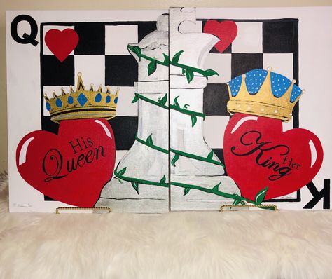 His And Hers Canvas Painting Ideas, King And Queen Canvas Painting, His And Hers Paintings, Diy Sip And Paint Canvas Ideas For Couples, King And Queen Paintings, Two Canvas Painting Ideas Couple, Couple Paintings On Canvas, Couples Painting Ideas Canvases Easy, Couples Art Project