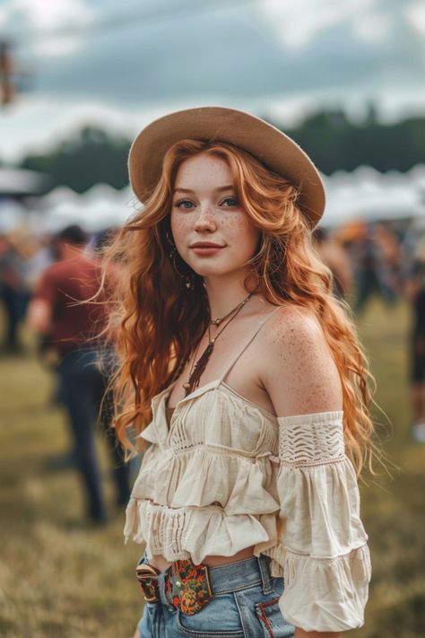 Young woman with red hair and freckles wearing a beige hat and an off-shoulder top at an outdoor event. Country Concert Hair Ideas, Country Concert Hair, Concert Hair Ideas, Country Concert Hairstyles, Concert Hairstyle, Easy Girls Hairstyles, Concert Hair, Redhead Fashion, Braided Updos