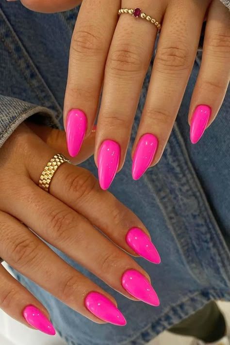 Hot Pink Coffin Shape Nails, Trendy Cute Nails Almond, Bright Pink Almond Shaped Nails, Hot Pink Nails Ideas Short, Nails Idea Almond Shape, Bright Pink Nails Coffin, Medium Length Pink Acrylic Nails, Pink Nails With Tips, Hot Pink Nails Stiletto