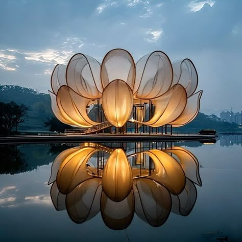 Vojtek Morsztyn | Water’s Edge  . . Architectural Pavilion on the water in its grace and sophistication. Inspired by the delicate forms of nature’s flo... | Instagram Water Structure Architecture, Nature Architecture Concept, Tiny Ecosystem, Architectural Pavilion, World Expo Pavilion, Oasis Hotel, Water Pavilion, Ambience Decor, Geometric Patterns Drawing