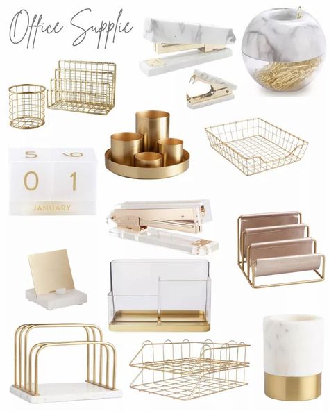 Minimalistic Home Office, White And Gold Office, White Gold Office, Work Cubicle Decor, Gold Office Supplies, White Office Decor, Gold Office Decor, Diy Baby Room Decor, Work Desk Decor