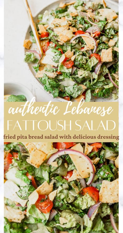 Fattoush Lebanese Salad - White Kitchen Red Wine Greek Salad With Pita Chips, Middle Eastern Salad Dressing, Middle Eastern Salad Recipes, Fattoush Salad Dressing, Fried Pita Chips, Fried Pita Bread, Fattoush Dressing, Lebanese Bakery, Lebanese Dishes