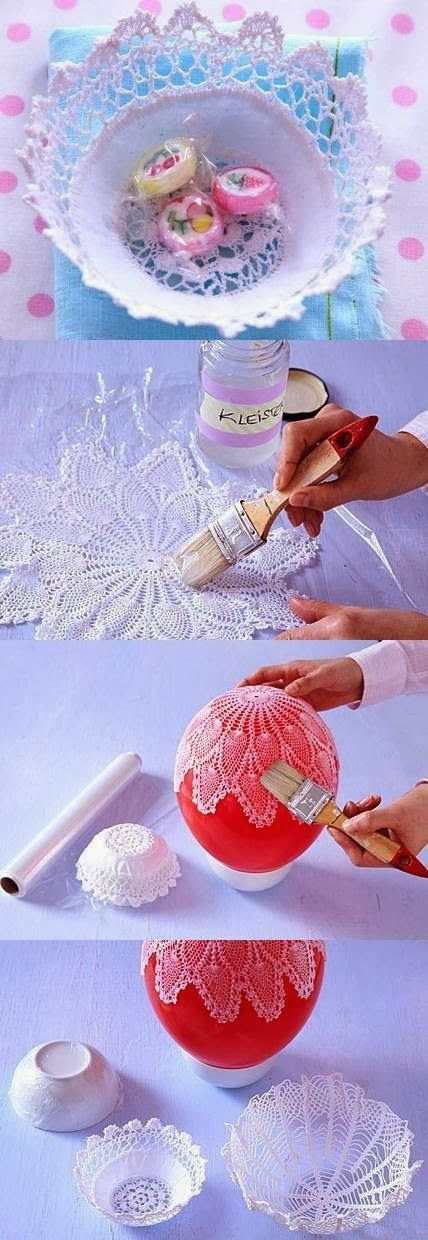 Lace Napkin vase Crochet Pictures, Container Crafts, Doilies Crafts, Diy Bowl, Balloon Crafts, Lace Doily, Diy Craft Tutorials, Plastic Container, Diy Vase