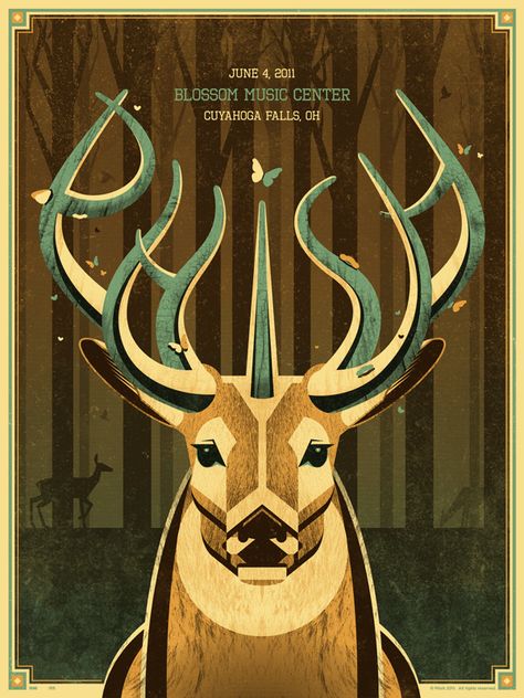 Phish (Blossom Music Center) Poster Dkng Studios, Phish Posters, Illustration Design Graphique, Gig Poster, Phish, Rock Posters, A Deer, Gig Posters, Art And Illustration