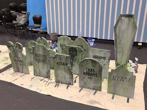 Adams Family Window Display, Adams Family Halloween Decorations Outdoor, Addams Family Tombstones, Adams Family Backdrop, Addams Family Halloween Decorations Diy, Addams Family Play, Addams Family Outdoor Decor, Halloween Addams Family Decor, Addams Family Yard Decorations