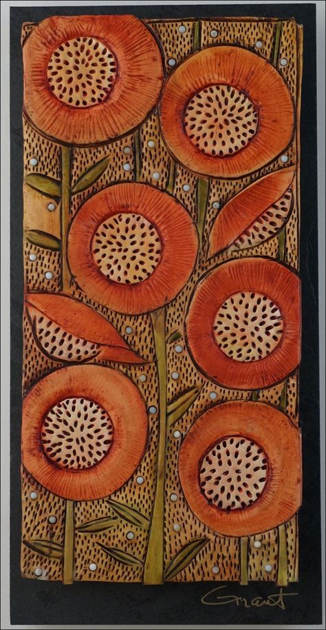 Click to view detail for VG081 Vertical Slate and Clay Floral Vicki Grant, Pottery Handbuilding, Clay Wall, Aboriginal Art, Rug Hooking, Abstract Flowers, Colorado Springs, Art Quilts, Clay Art