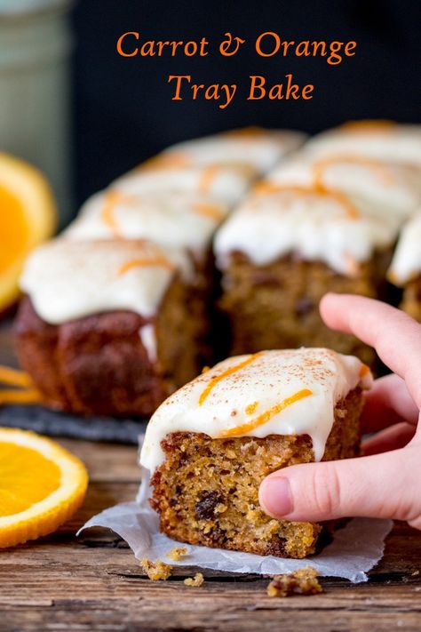 A fluffy moist carrot tray bake with orange infused raisins and zesty cream cheese frosting! Cake Traybake, Carrot Cream Cheese, Cake Carrot, Frosting Cake, Carrot Cream, Orange Baking, Tray Bake Recipes, Tray Bake, Gateaux Cake