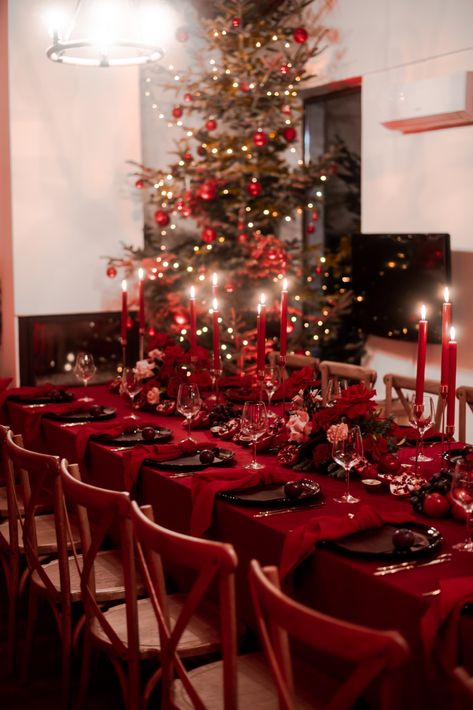 Red is the ultimate cure for sadness. All Red Table Setting, Red Tablecloth Christmas Table, Red Birthday Party Decorations For Women, Red Table Setting, Christmas Dinner Table Decorations, Red Tablescape, Christmas Table Set Up, Red Table Settings, Red Christmas Party