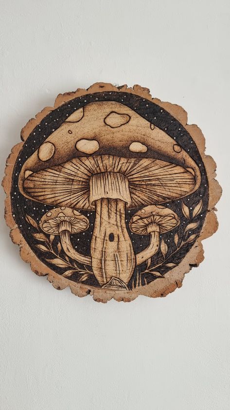 "Handcrafted Mushroom Pyrography Art Mushroom Pyrography, Gremlin Core, Barn Wood Art, Pyrography Designs, Driftwood Projects, Pyrography Art, Tattoos Women, Wood Burning Crafts, Ceramics Ideas