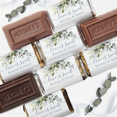 Watercolor Greenery Dusty Blue Love Is Sweet Hershey's Miniatures Green Bridal Showers, Hershey Miniatures, Hershey's Chocolate, Wedding Thanks, Candy Wedding Favors, Blue Bridal Shower, Watercolor Greenery, Dusty Blue Weddings, Eucalyptus Wedding