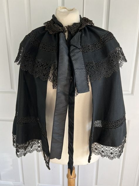 True Antique Victorian Black Handmade Crochet Lace Trim Layered Cape Capelet | eBay Lace Capelet, Crochet Capelet, Cape Fashion, Crochet Cape, Lace Cape, Thrift Inspo, Sewing Templates, Small Sewing, Victorian Goth