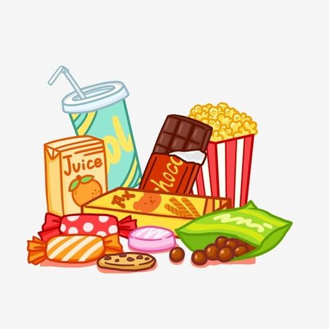 Food Animation Art, Cute Snacks Drawing, Snacks Drawing, Snack Drawing, Snacks Illustration, Snacks Cartoon, Snack Clipart, Snack Logo, Snacks Png