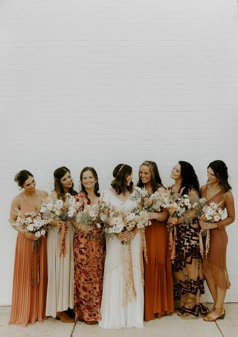 Orange Bridesmaid Dresses Mismatched, Floral Bridesmaid Dresses Mismatched, Boho Outdoor Wedding, Patterned Bridesmaid, Burnt Orange Bridesmaid Dresses, Patterned Bridesmaid Dresses, Bohemian Bridesmaid, Rust Bridesmaid Dress, Fall Bridesmaids