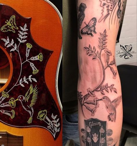 Gibson Hummingbird Tattoo Gibson Hummingbird Tattoo, Hummingbird Guitar Tattoo, Gibson Hummingbird Guitar, Hummingbird Guitar, Gibson Hummingbird, Left Arm Tattoos, Painted Picture Frames, Guitar Tattoo, Hummingbird Tattoo