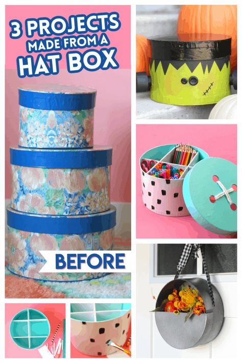 Hat Box upcycle - A girl and a glue gun Box Upcycle, 1920s Headband, Origami Cards, Painted Hats, Cool Art Projects, Cute Hat, Hat Boxes, Cute Box, Upcycle Projects